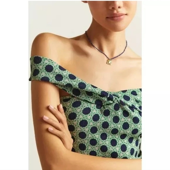 💚5/$25 Anthropologie Maeve Off The Shoulder Polka Dot Twist Stretch Top Medium - Picture 3 of 6